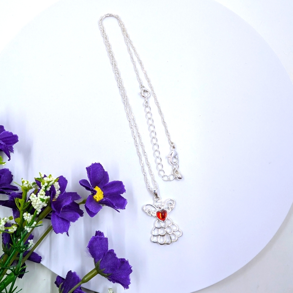 NRT Signed Genuine Red Crystal Silver Plated Vintage Angel Necklace